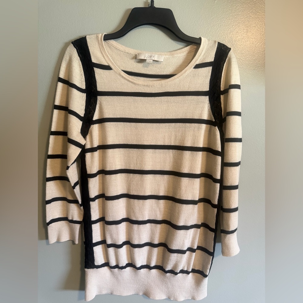 LOFT Black and Cream Knit Striped Wool Blend sweater sheer lace trim size large